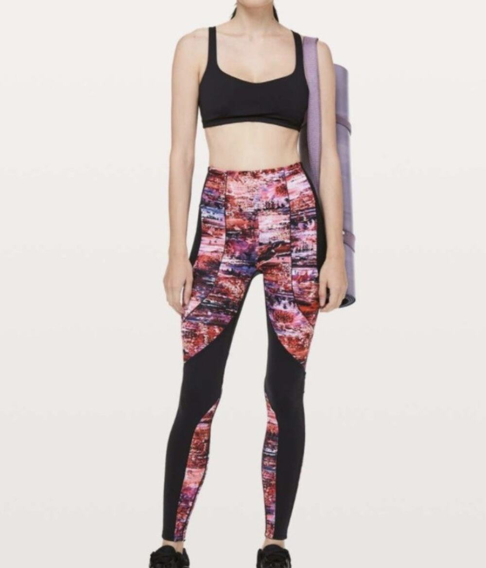 Lululemon Sweat And Repeat Leggings Black Pink Dahliascape Print Sz 6 27” Inseam
